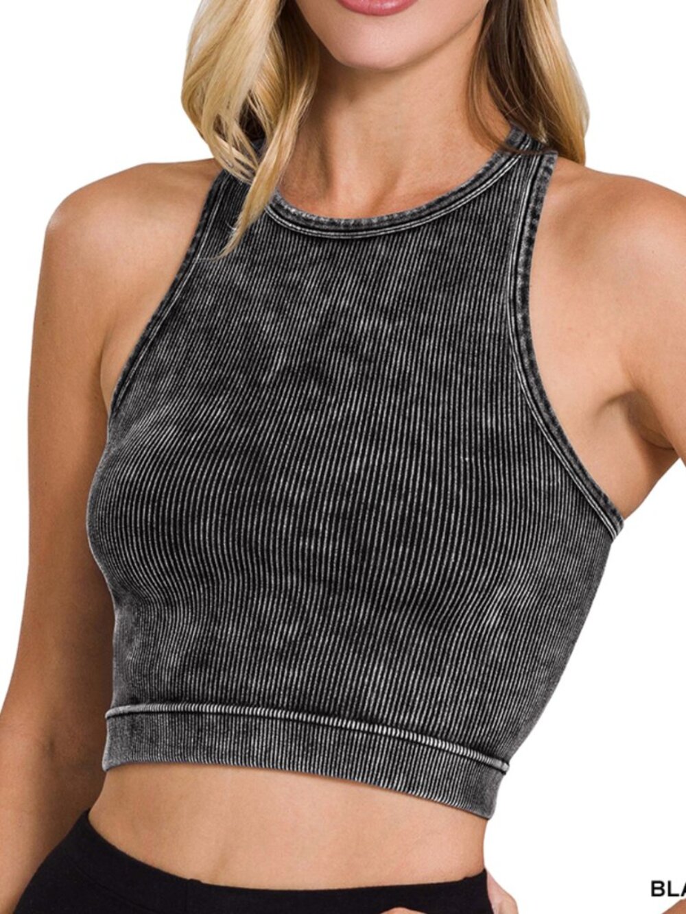 Washed Ribbed Seamless Cropped Tank Top in Black - Picture 2 of 2